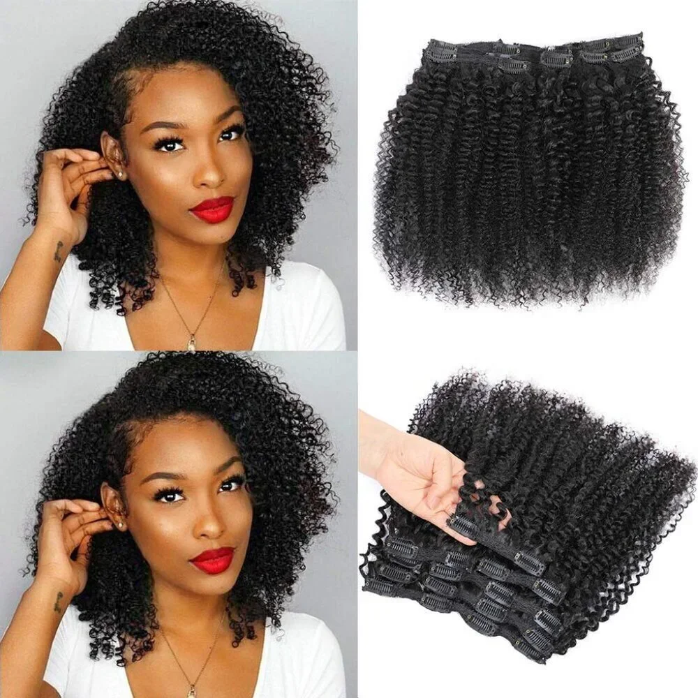 Kinky Curly Clip In Hair Extensions for Black Women, 10 inch Curly Hair Extensio